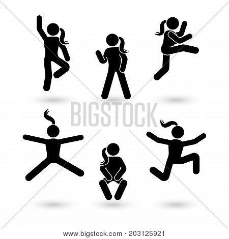 Stick figure happiness freedom jumping girl motion set. Vector illustration of celebration woman poses pictogram
