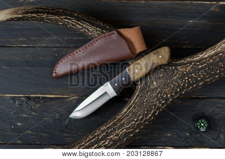 Hunting Knife With Leather Brown Sheath.