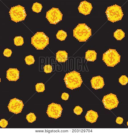 Vector pixel 8bit style golden coins seamless pattern. Black background