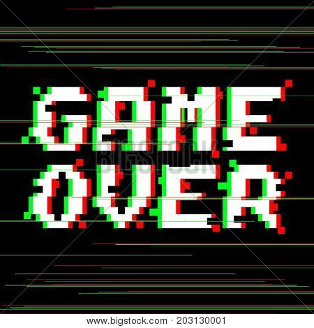 Vector game over phrase in pixel art style with glitch VHS effect. Three color half-shifted letters. Ocassional pixels and colored glitch lines around