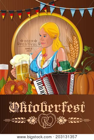 Poster for Oktoberfest. Beer festival design. German blonde cute girl waitress in traditional clothes holding beer mugs. Vector illustration