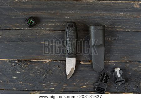 Black Accessories On A Black Background. Tourist Tools.