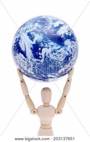 wooden model dummy holding globe over head isolated on white background