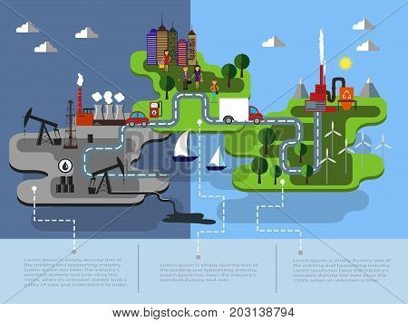 Eco islands Illustration of green and dirty energy for the city on a small plot of lands vector