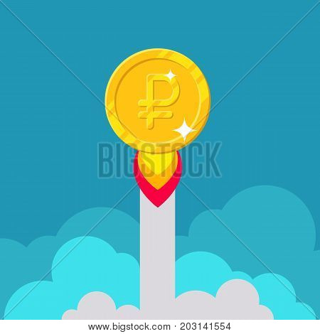 Ruble coin rocket starting. Startup success, fast growing income. Business finance and economy concept. Cartoon vector illustration isolated on blue background