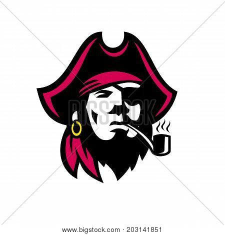 Retro style illustration of a Buccaneer pirate with Smoking Pipe viewed from front on isolated background.