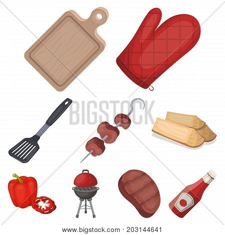 Meat, steak, firewood, grill, table and other accessories for barbecue.BBQ set collection icons in cartoon style vector symbol stock illustration .
