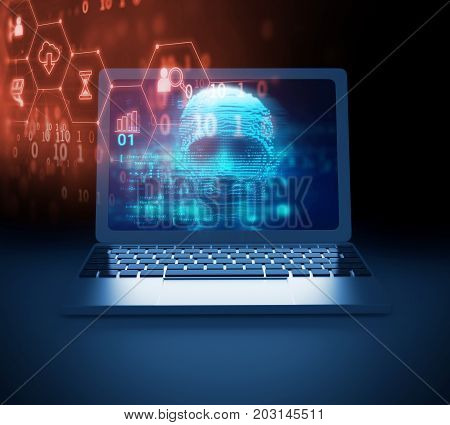 Blue Digital Cyber Hacker On Laptop Screen 3D Illustration