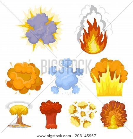 A set of icons about the explosion. Various explosions, a cloud of smoke and fire.Explosions icon in set collection on cartoon style vector symbol stock web illustration.