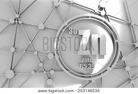 Zinc chemical element. Sign with atomic number and atomic weight. Chemical element of periodic table. Molecule And Communication Background. Connected lines with dots. 3D rendering.