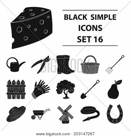 Mill, gloves, fence and other farm equipment. Farm and gardening set collection icons in black style vector symbol stock illustration.
