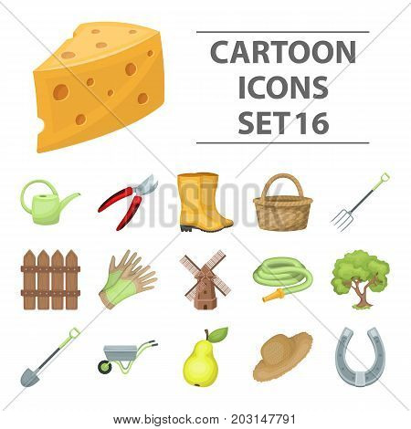 Mill, gloves, fence and other farm equipment. Farm and gardening set collection icons in cartoon style vector symbol stock illustration.