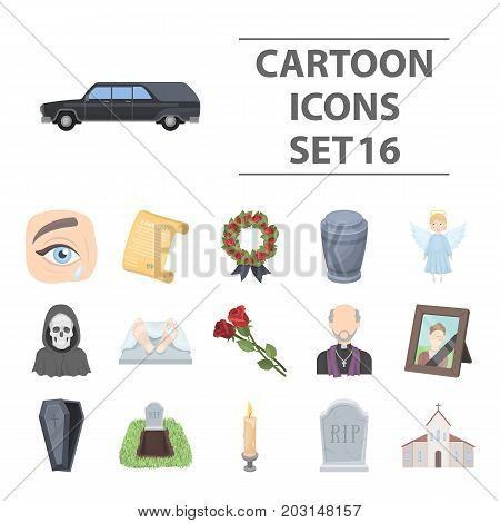 Funeral ceremony set icons in cartoon design. Big collection of funeral ceremony vector symbol stock illustration