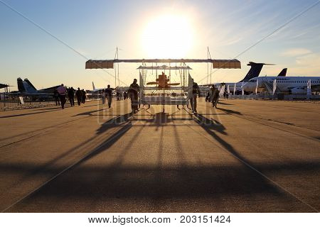 Zhukovsky, Moscow Region, Russia - August 21, 2015: Farman 4 historic airplane in Zhukovsky during MAKS-2015 airshow.