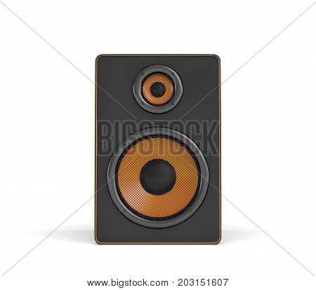 3d rendering of a large black stereo box with two round speakers on white background. Sound equipment. Home cinema. Audio appliances.