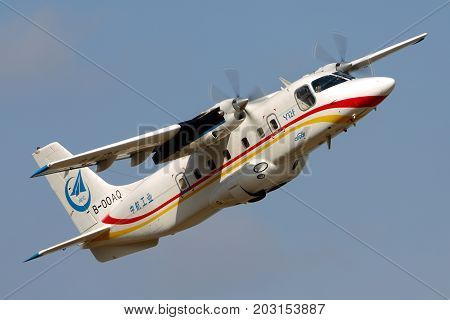 Zhukovsky, Moscow Region, Russia - August 28, 2015: Harbin Y-12F B-00AQ perfoming demonstration flight in Zhukovsky during MAKS-2015 airshow.