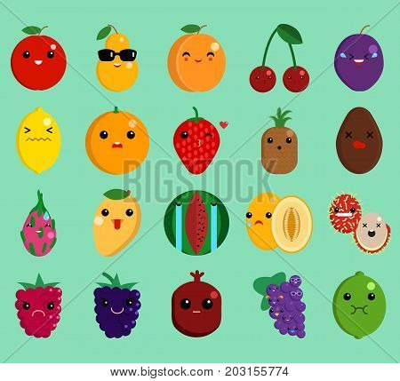 Cartoon face funny fruit emoji elements collection, flat icons set, Colorful symbols pack contains - apple pear peach cherry lemon orange strawberry pineapple . Vector illustration. Flat style design