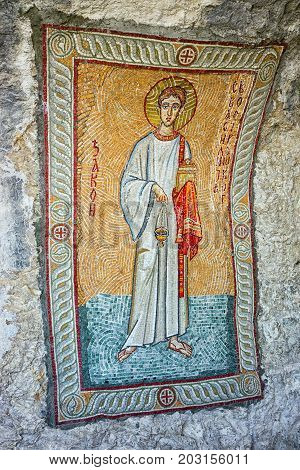 Ostrog Montenegro - September 4 2017: mosaic on the wall of the monastery Ostrog in Montenegro