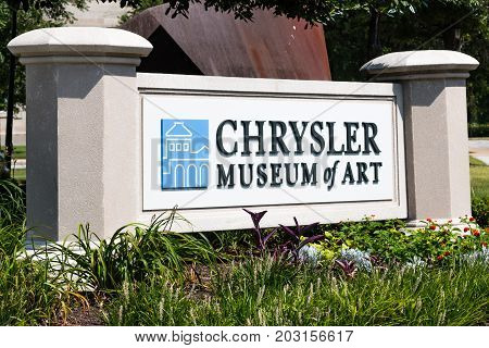 NORFOLK, VIRGINIA - JULY 13, 2017:  Signage for the Chrysler Museum of Art, formerly the Norfolk Museum of Arts and Sciences, named after Walter Chrysler, Jr. who moved his museum to Norfolk in 1971.