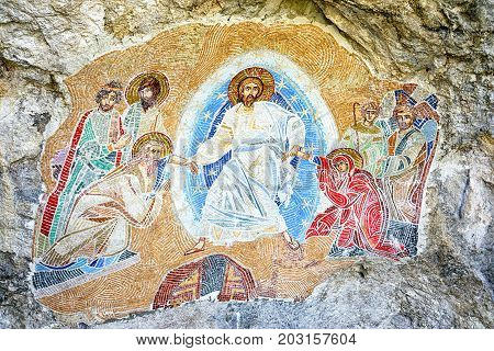 Ostrog Montenegro - September 4 2017: mosaic on the wall of the monastery Ostrog in Montenegro