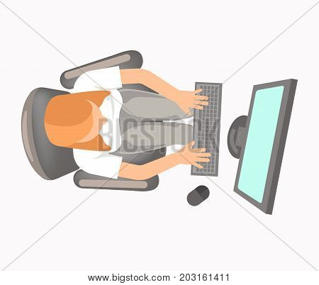 Woman in office clothing works on computer view from top. Blonde female character in grey pants sits in soft chair and types report with keyboard isolated vector illustration on white background.