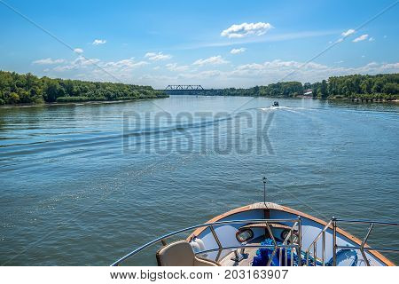 Picturesque view of the city of Rostov-on-Don from small yacht on Don river