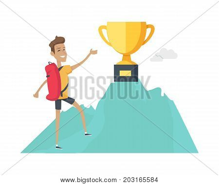 Smiling boy with red backpack climb up to top of the mountain wiht winner cup . Mountain climber. Winner trophy concept. Climbing on a cliff. Isolated vector illustration on white background
