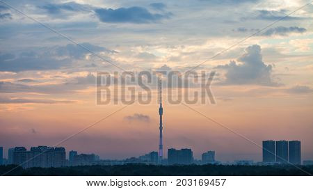 Blue And Pink Dawning Over Moscow City