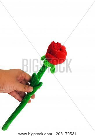 Man Hand Holding The Phony Red Rose With Green Stalk