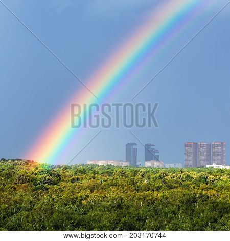 Rainbow In Blue Sky Over City And Green Trees