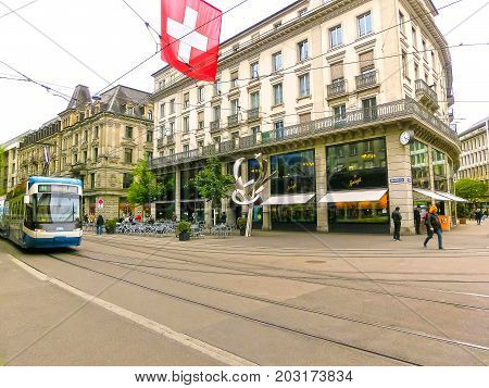 Zurich, Switzerland - May 02, 2017: The city center of Zurich, Switzerland. People on the background at Zurich, Switzerland on May 02, 2017