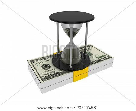 Hourglass And  Money  On White Background. Business Time Concept  3D Rendered Illustration
