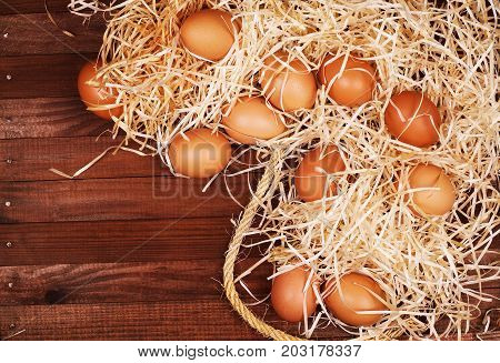 Eggs on wooden background Organic, Range, Shell, Free, Straw, Wicker, Feather,