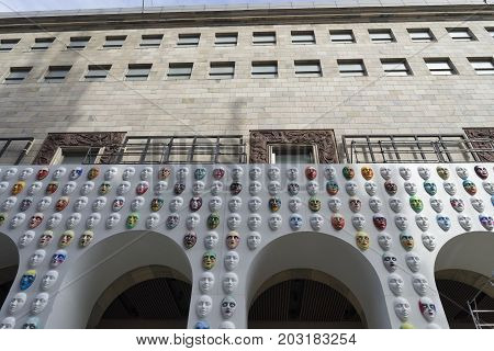 MILAN, ITALY - SEPTEMBER 6, 2017: Colorful masks at Duomo square in Milan (Lombardy Italy) for the project called "Il cosmo della bellezza"