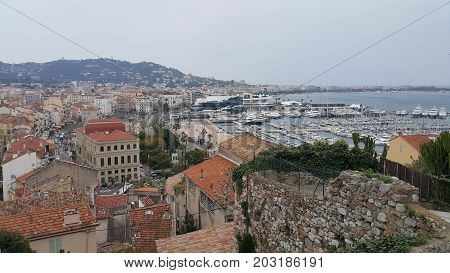 Aerial view of Le Suquet- the old town and Port Le Vieux of Cannes France