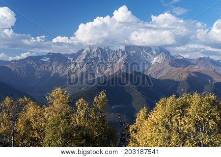 Autumn landscape. Peak Ushba in clouds. Birch forest on the hillside. View from Mount Mkheer. Main Caucasian ridge. Zemo Svaneti, Georgia