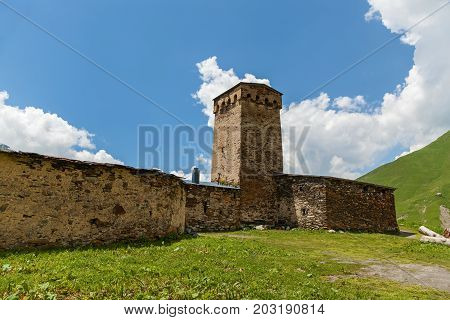 Lamaria old church in village Ushguli Upper Svanetia region, Georgia