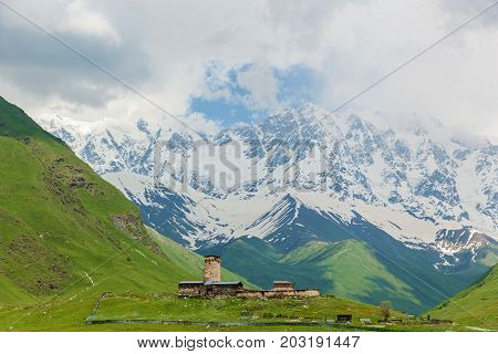 Lamaria old church in village Ushguli Upper Svanetia region, Georgia