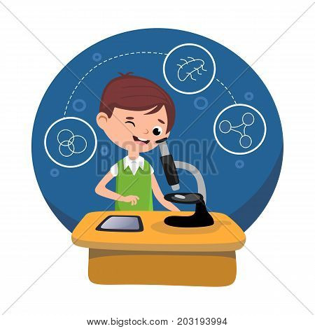 students are engaged in classoom, boy is looking through a microscope at a chemistry or biology lesson, school research of bacteria and microelements.