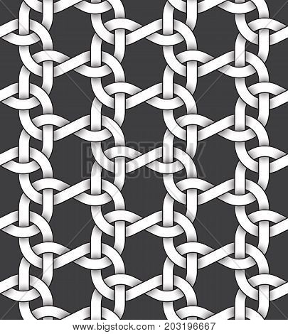 Abstract repeatable pattern background of white twisted bands with black strokes. Swatch of intertwined sinuous bands in knitting form. Seamless pattern in vintage style.