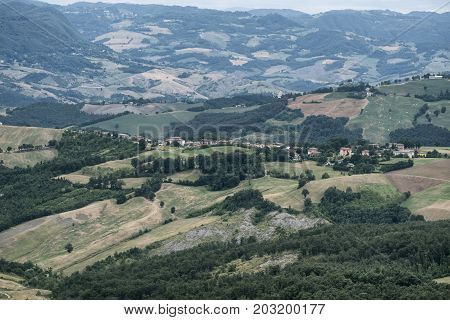 Summer landscape along the road from Serramazzoni to San Dalmazio (Modena Emilia Romagna Italy) at summer