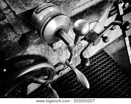 close up photo of metal lathe .