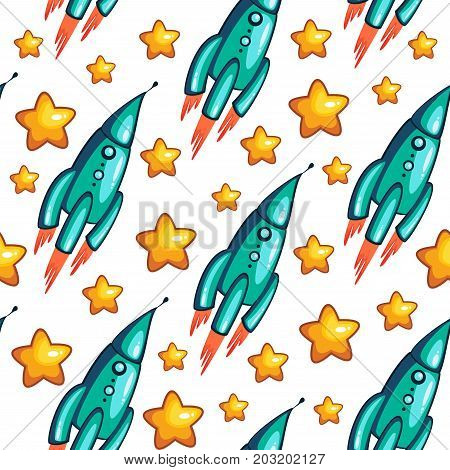 Childish seamless pattern with spaceship and stars. Vector illustration