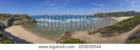 Panoramic view of Odeceixe Beach, Vicentina Coast Natural Park, Algarve Portugal