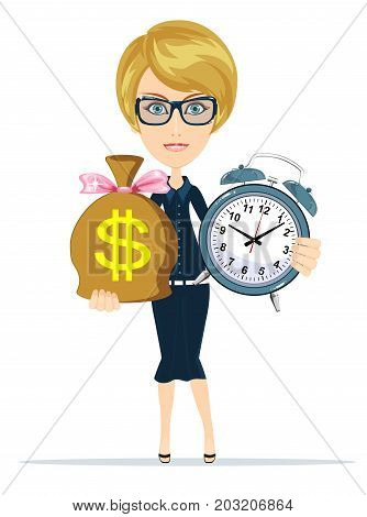 Time is money. Time management concept. woman holding a watch and money. Stock flat vector illustration.