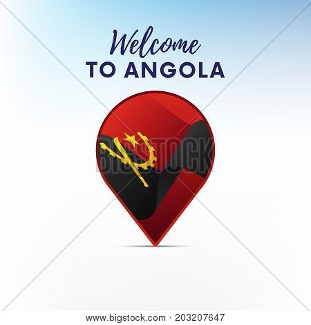 Flag of Angola in shape of map pointer or marker. Welcome to Angola. Vector illustration.