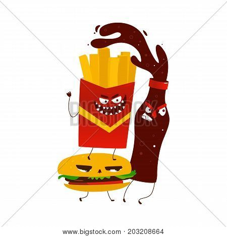 vector flat cartoon angry fastfood monsters. Isolated illustration on a white background. Funny cola, potato fry and burger chasing for victim with frightening faces.
