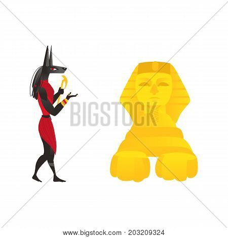 Anubis, ancient Egypt god of afterlife, and Egyptian sphinx, flat cartoon vector illustration isolated on white background. Flat cartoon portrait of Anubis, ancient Egyptian god and pyramid of Egypt