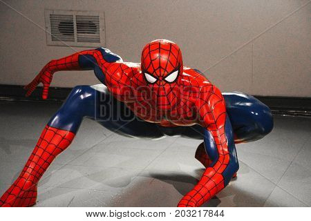 HOLLYWOOD, USA - OCTOBER 27, 2014: Spiderman at the Madame Tussauds Hollywood wax museum. It is a major tourist attraction in Hollywood.