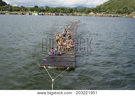 September 04, 2017 : Tourists Floating On The River By Wooden Raft In Srinakarin Dam, Kanchanaburi,